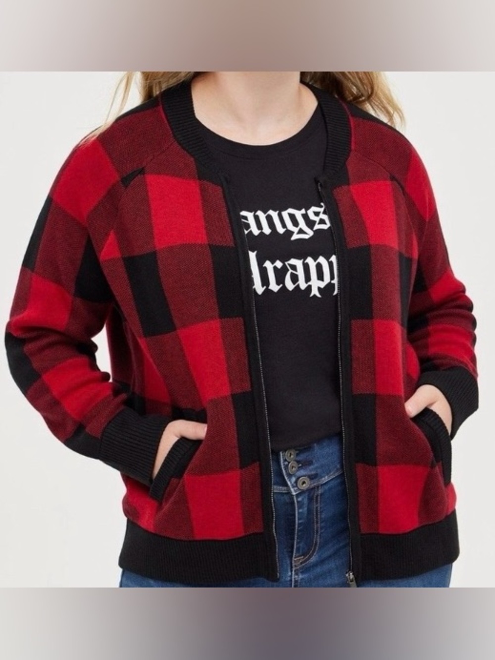 Torrid Cardigan Sweater Jacket Buffalo Plaid Red Black Zip Up Torrid 0 Sz Large